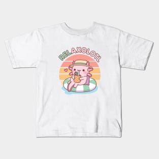 Cute Axolotl Chill On Pool Float Relaxolotl Funny Pun Kids T-Shirt